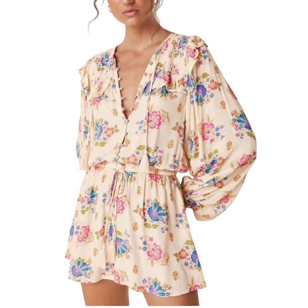 SPELL Solstice Cream Floral Long Sleeve Romper Ruffles Smocking Tassels size XS - Picture 3 of 13